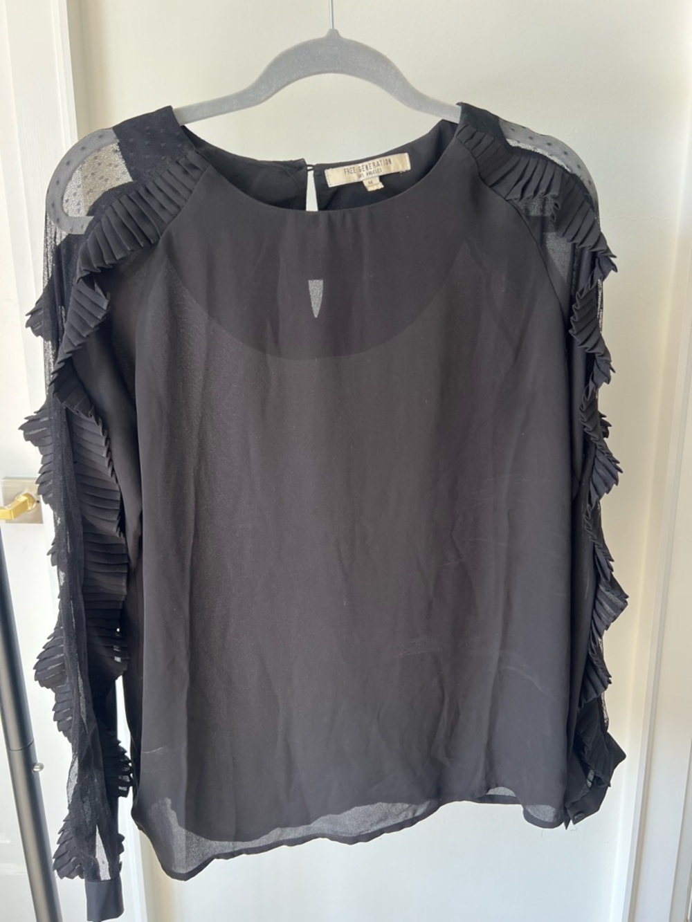 Ruffled Pleat-Trim Black Blouse